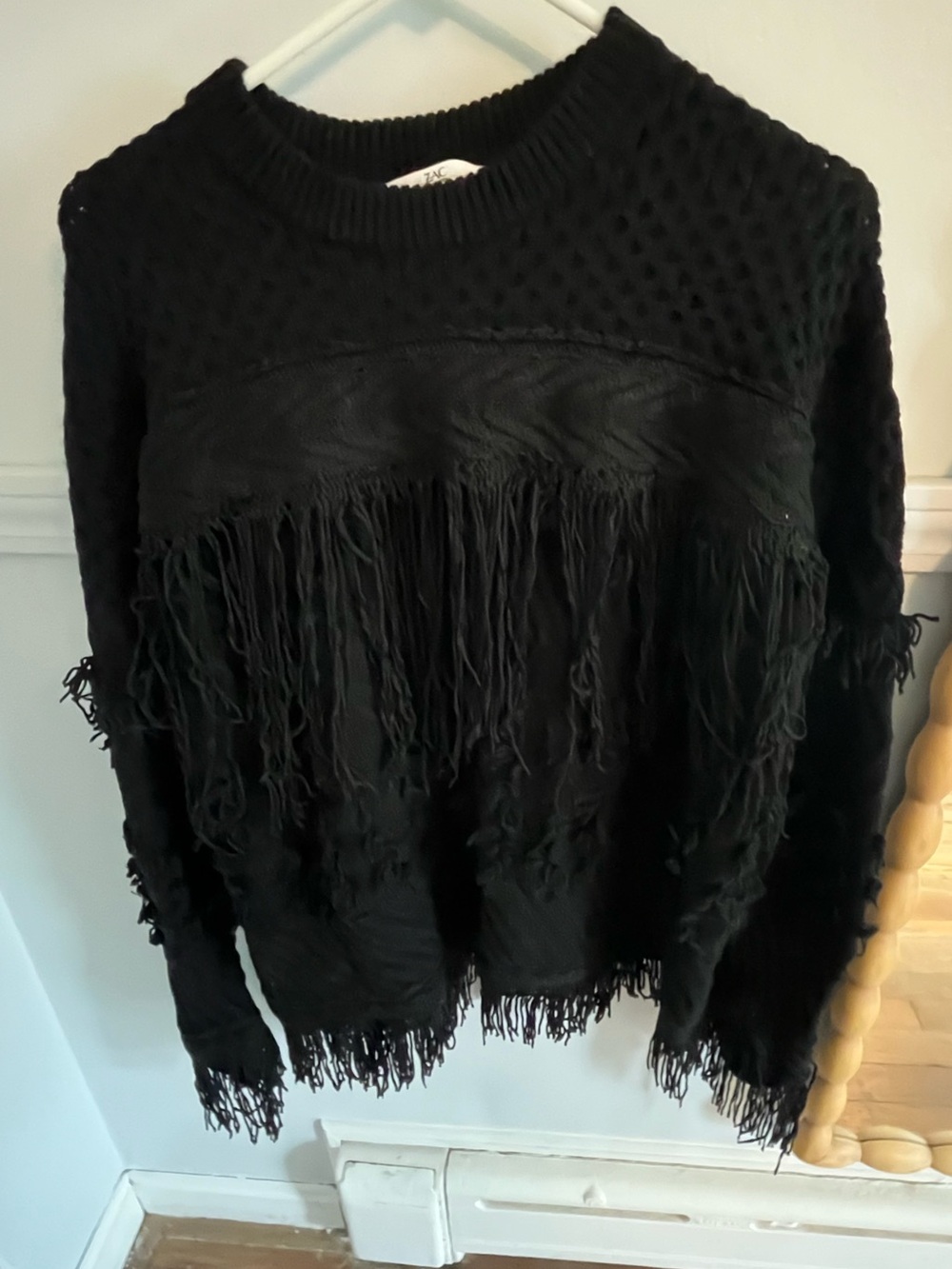 ZAC Zac Posen Black Fringe Knit Crewneck Sweater